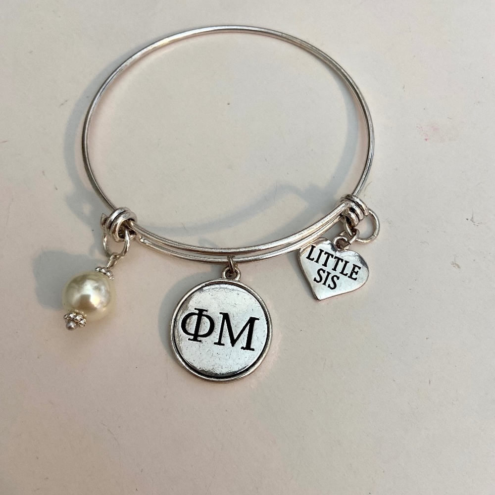 Phi Mu Little Sis Silver Bracelet with Drop Pearl